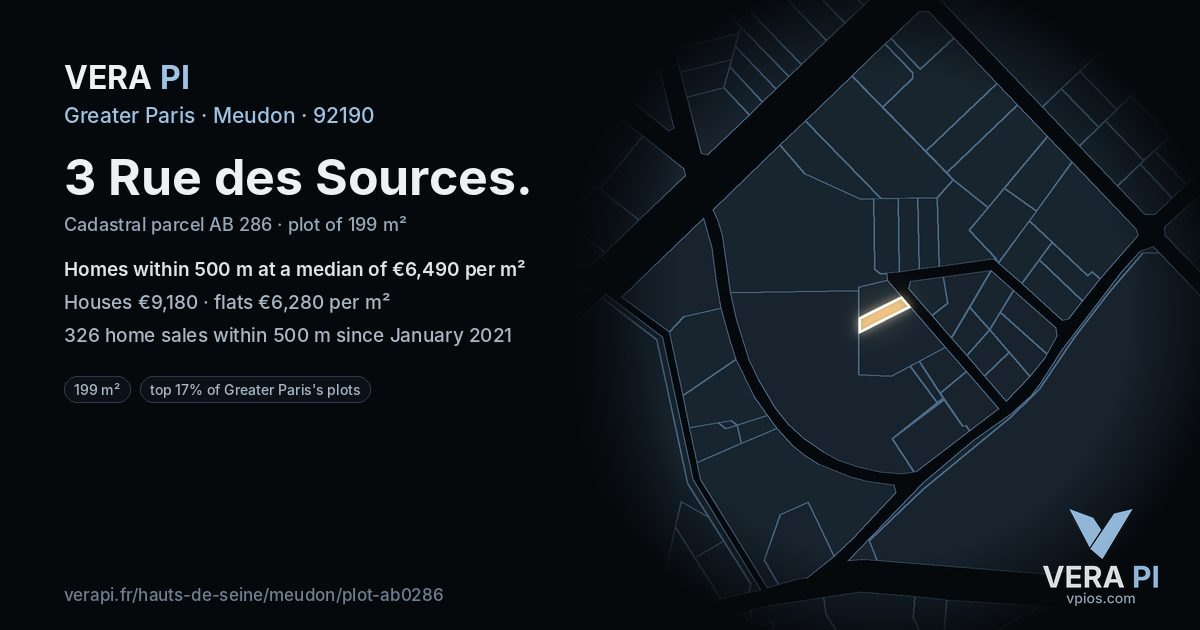 3 Rue des Sources, Meudon at night – the plot lit, the parcels around coloured by the prices near them