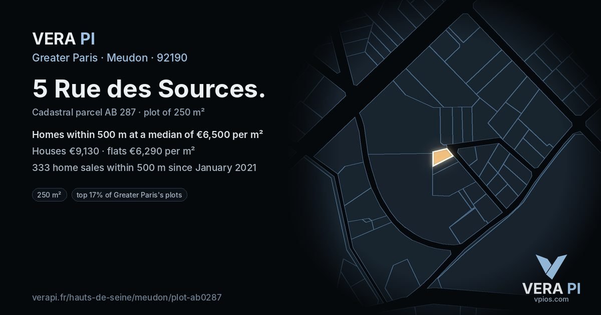 5 Rue des Sources, Meudon at night – the plot lit, the parcels around coloured by the prices near them