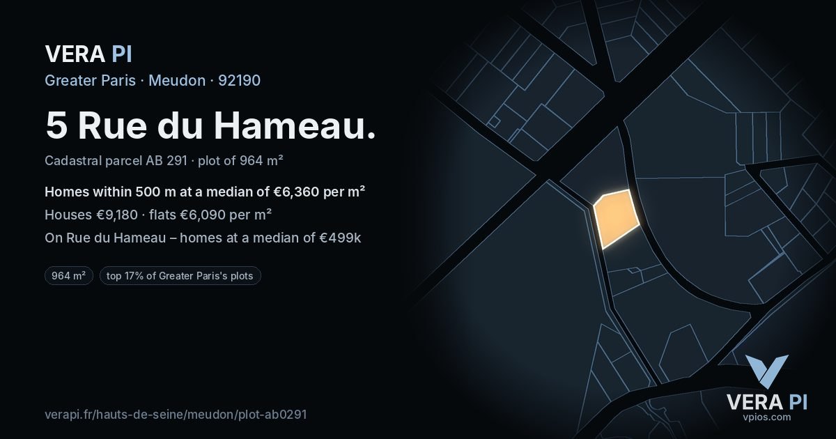 5 Rue du Hameau, Meudon at night – the plot lit, the parcels around coloured by the prices near them