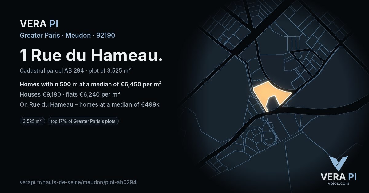1 Rue du Hameau, Meudon at night – the plot lit, the parcels around coloured by the prices near them