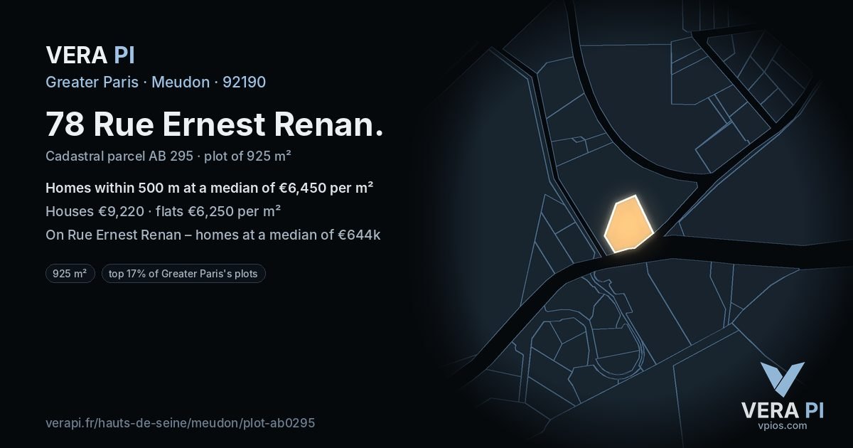78 Rue Ernest Renan, Meudon at night – the plot lit, the parcels around coloured by the prices near them