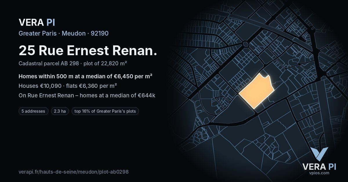 25 Rue Ernest Renan, Meudon at night – the plot lit, the parcels around coloured by the prices near them