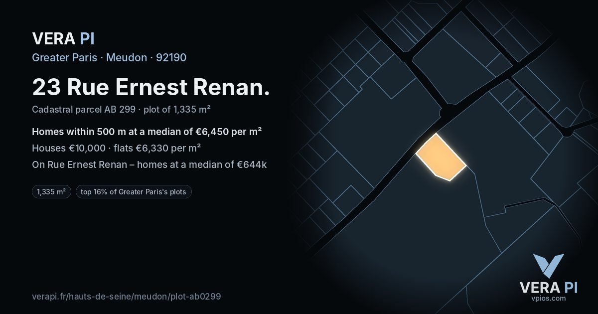 23 Rue Ernest Renan, Meudon at night – the plot lit, the parcels around coloured by the prices near them