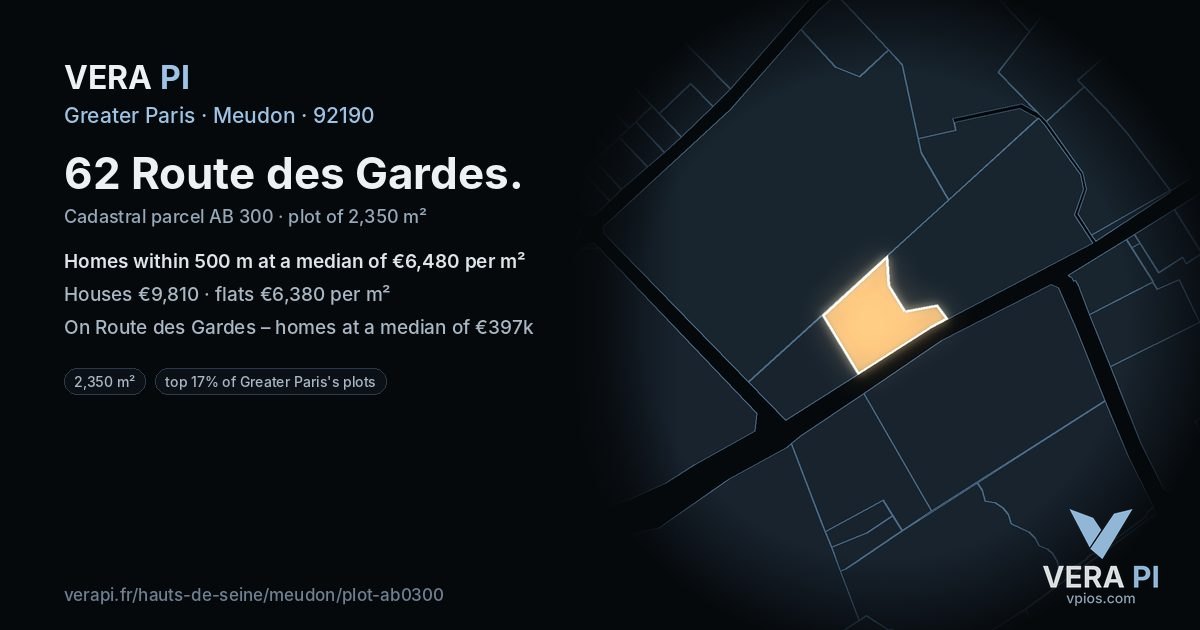 62 Route des Gardes, Meudon at night – the plot lit, the parcels around coloured by the prices near them