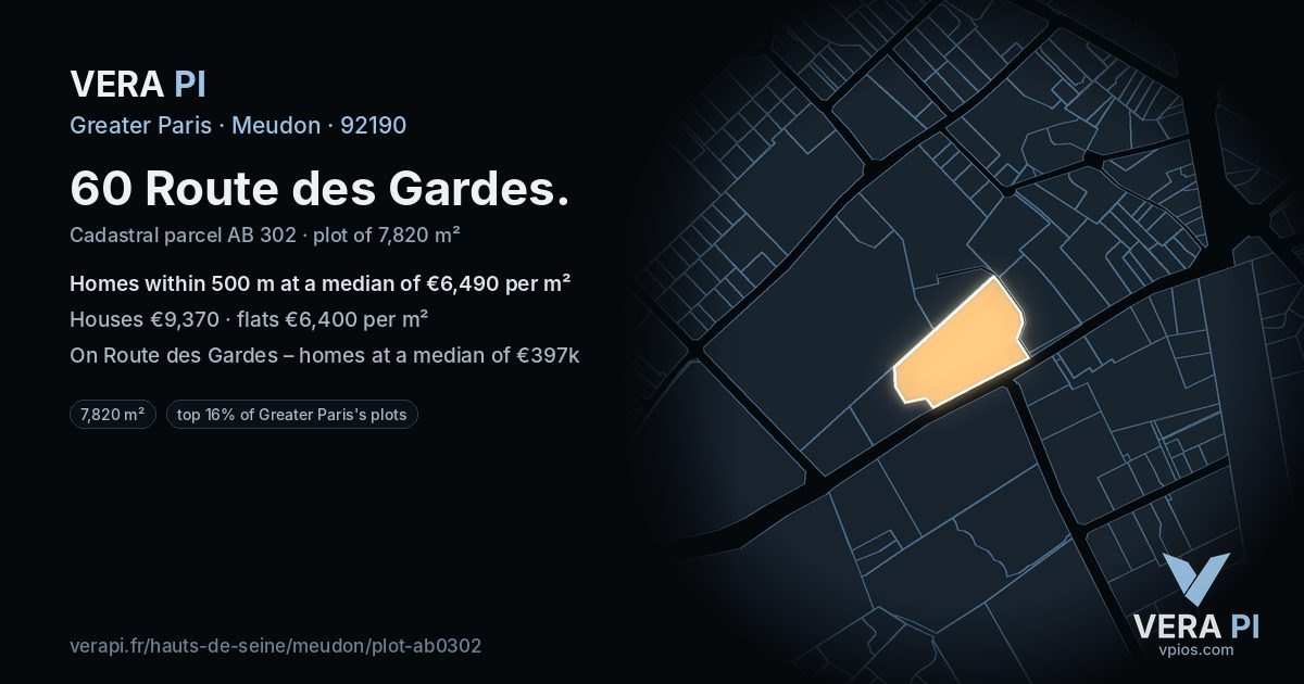 60 Route des Gardes, Meudon at night – the plot lit, the parcels around coloured by the prices near them