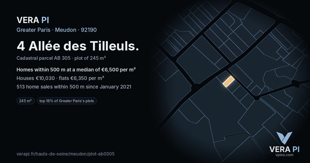 4 Allée des Tilleuls, Meudon at night – the plot lit, the parcels around coloured by the prices near them
