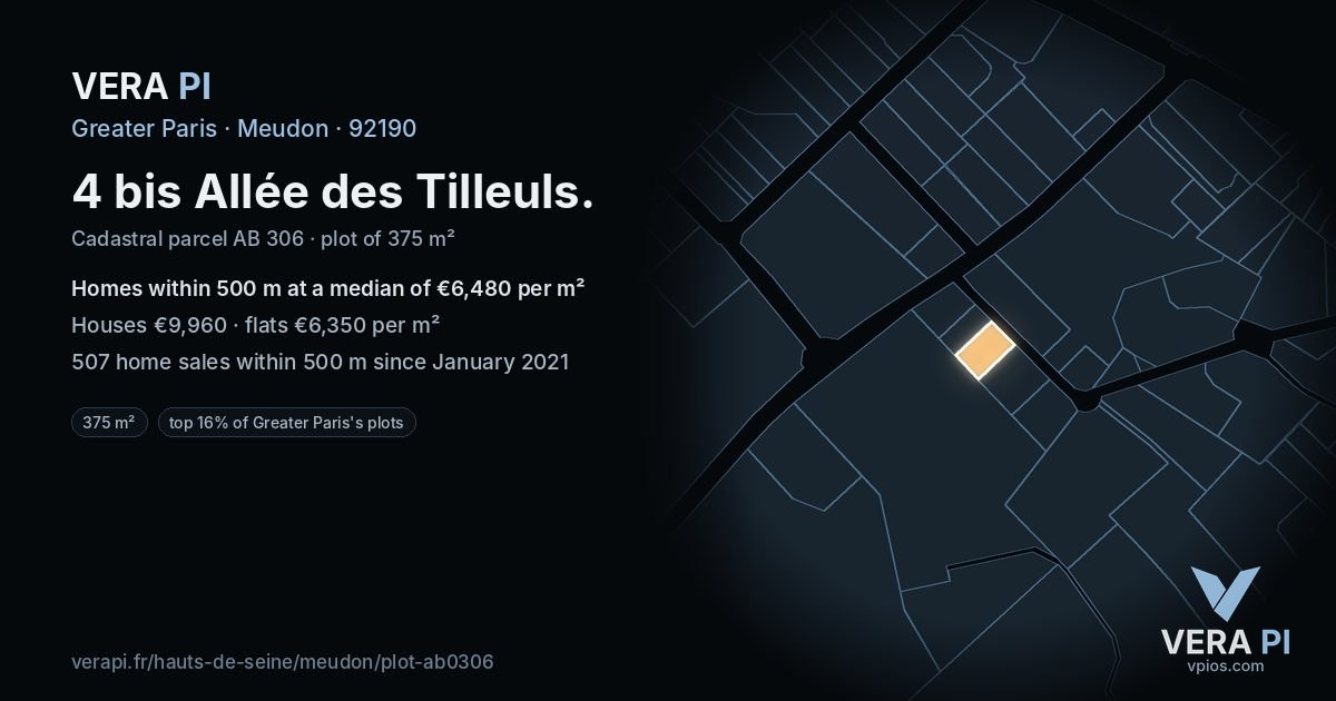 4 bis Allée des Tilleuls, Meudon at night – the plot lit, the parcels around coloured by the prices near them