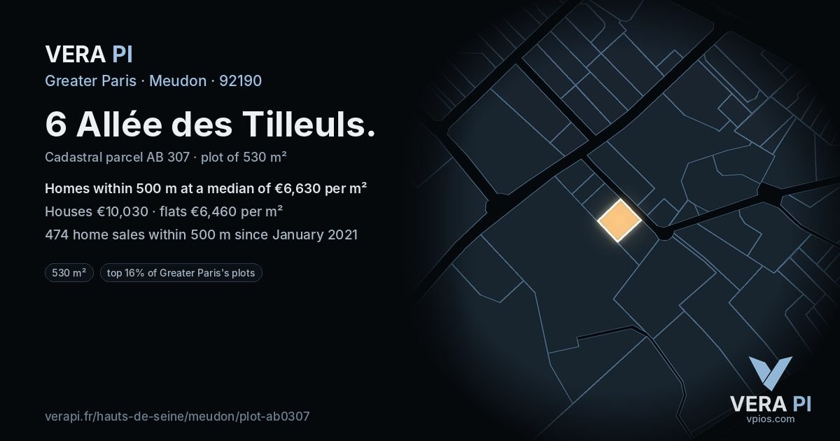 6 Allée des Tilleuls, Meudon at night – the plot lit, the parcels around coloured by the prices near them
