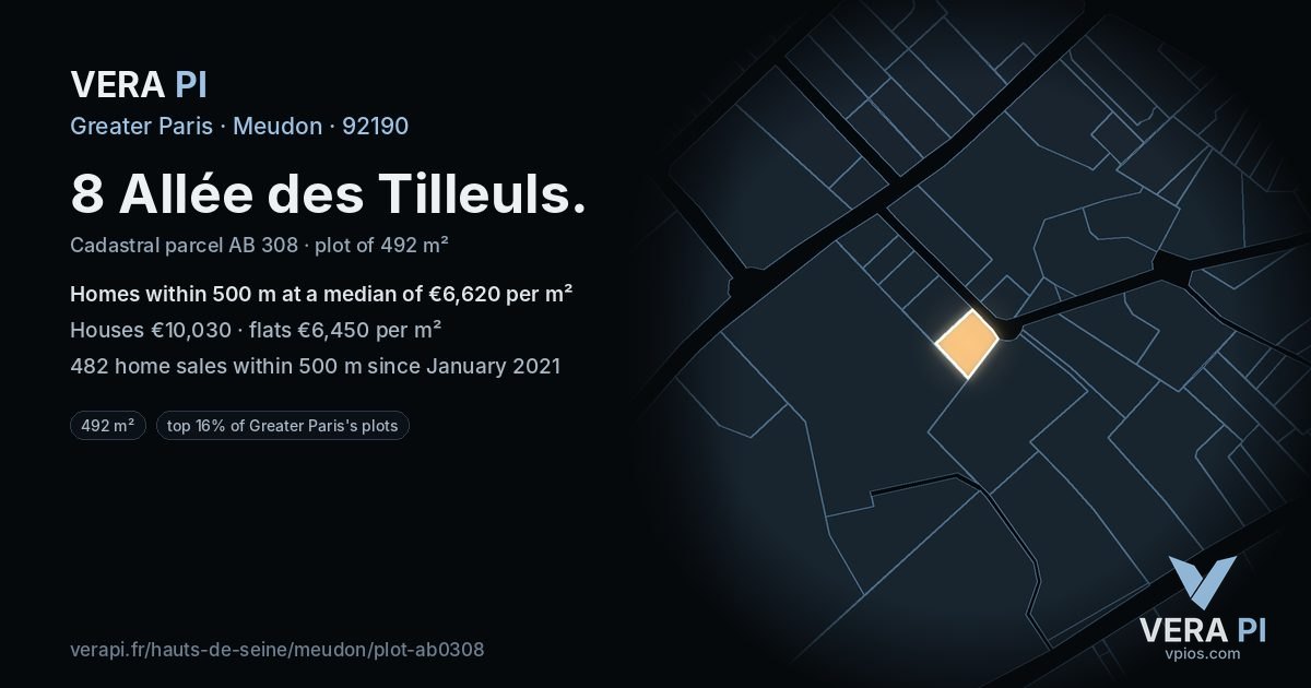 8 Allée des Tilleuls, Meudon at night – the plot lit, the parcels around coloured by the prices near them
