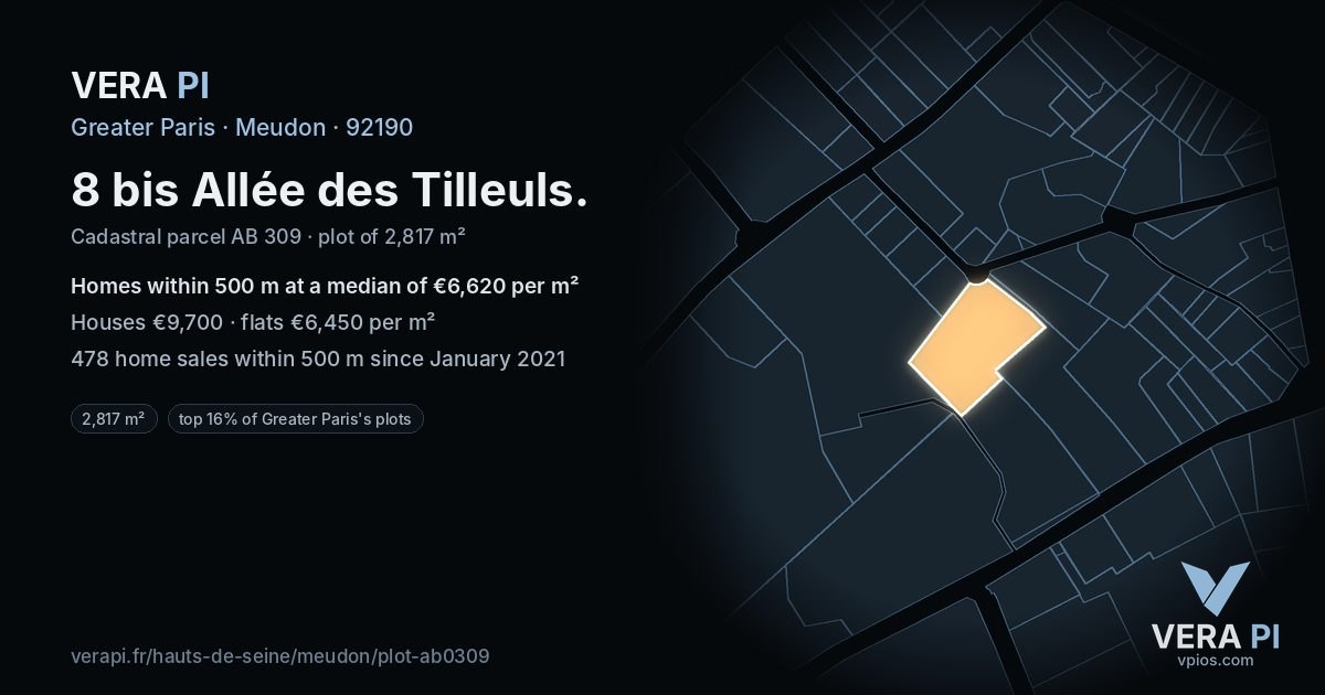 8 bis Allée des Tilleuls, Meudon at night – the plot lit, the parcels around coloured by the prices near them