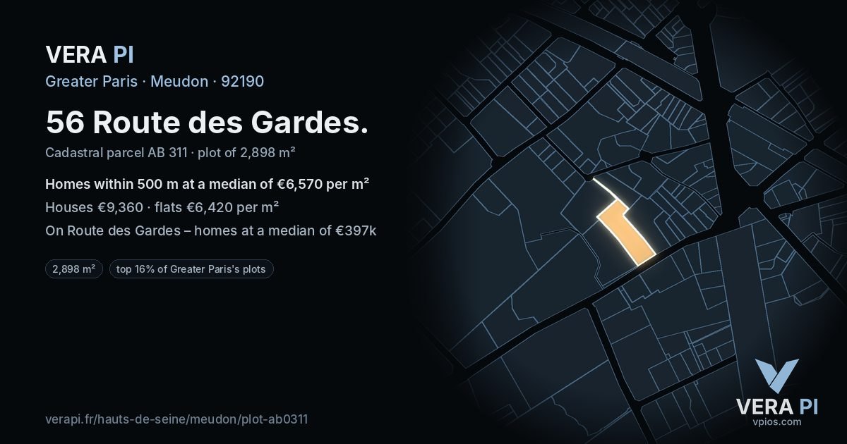 56 Route des Gardes, Meudon at night – the plot lit, the parcels around coloured by the prices near them