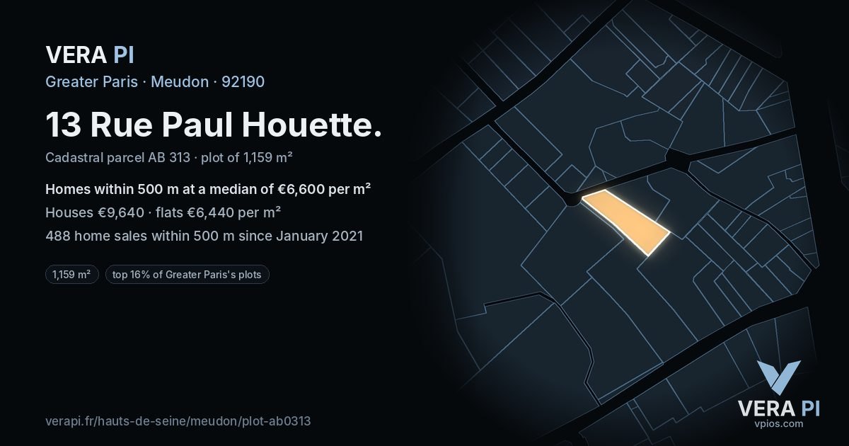 13 Rue Paul Houette, Meudon at night – the plot lit, the parcels around coloured by the prices near them