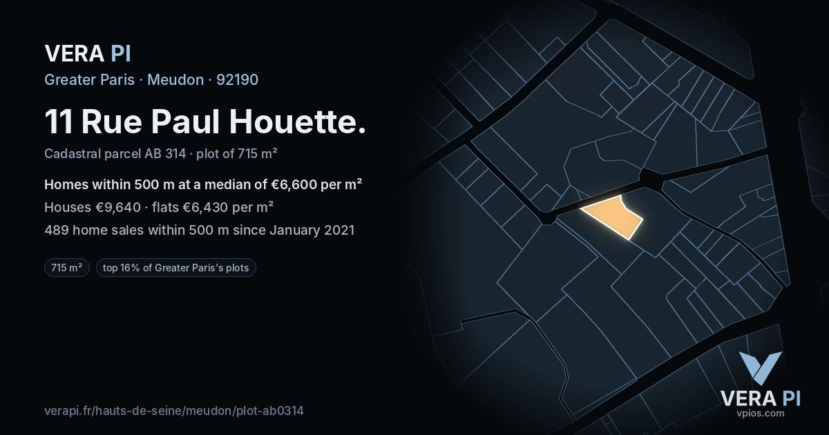 11 Rue Paul Houette, Meudon at night – the plot lit, the parcels around coloured by the prices near them