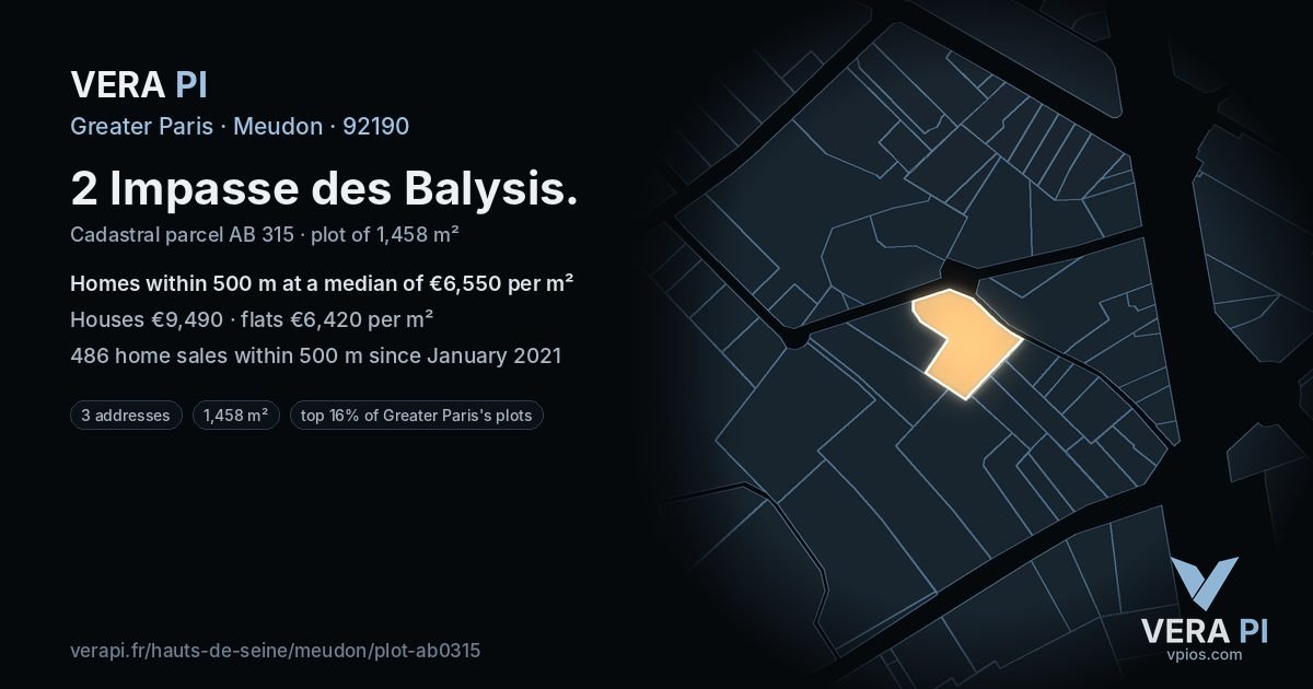 2 Impasse des Balysis, Meudon at night – the plot lit, the parcels around coloured by the prices near them