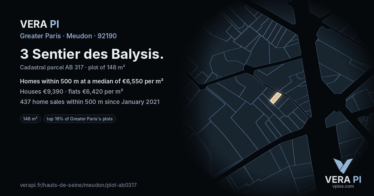 3 Sentier des Balysis, Meudon at night – the plot lit, the parcels around coloured by the prices near them