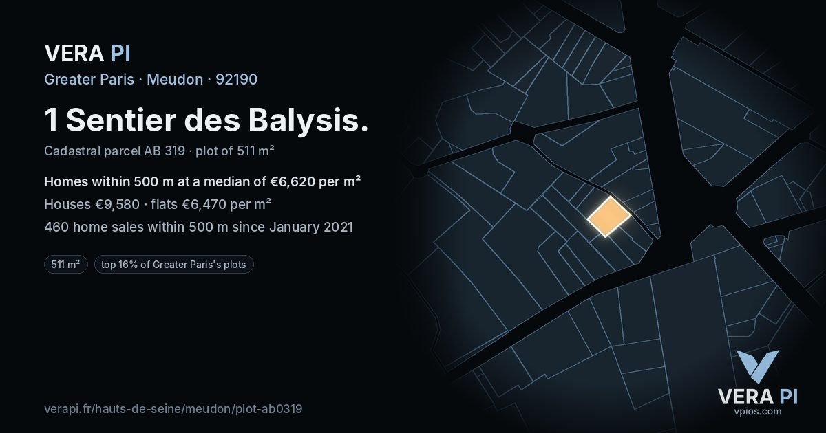 1 Sentier des Balysis, Meudon at night – the plot lit, the parcels around coloured by the prices near them
