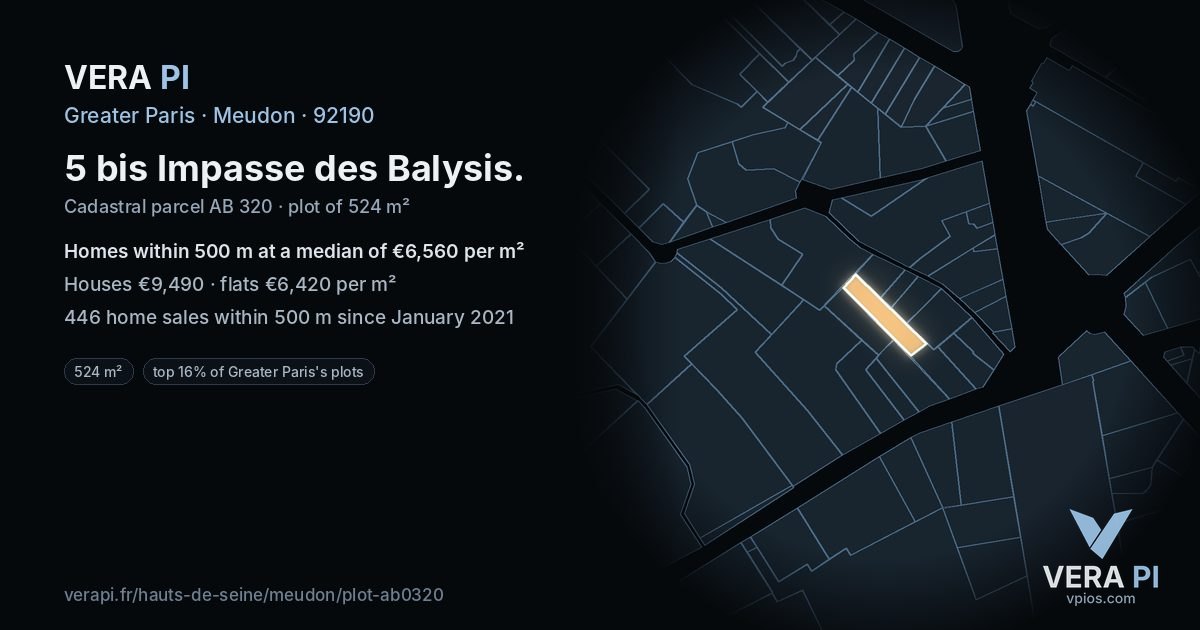 5 bis Impasse des Balysis, Meudon at night – the plot lit, the parcels around coloured by the prices near them