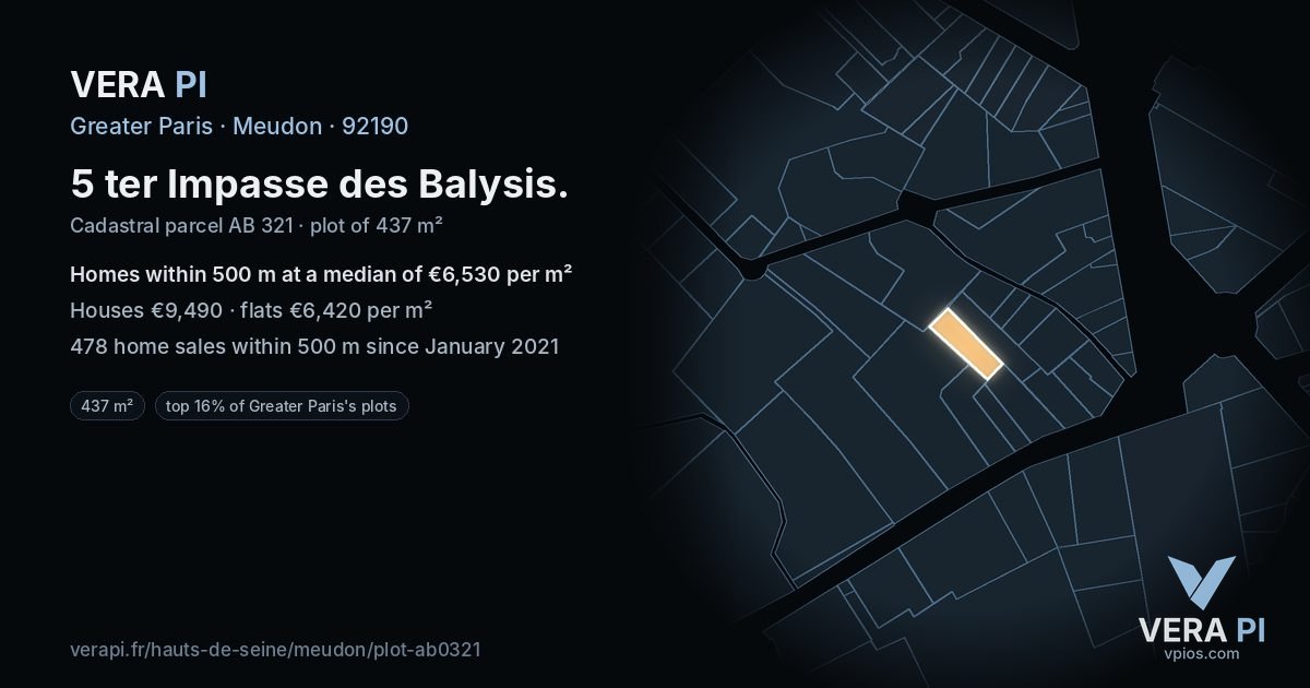 5 ter Impasse des Balysis, Meudon at night – the plot lit, the parcels around coloured by the prices near them