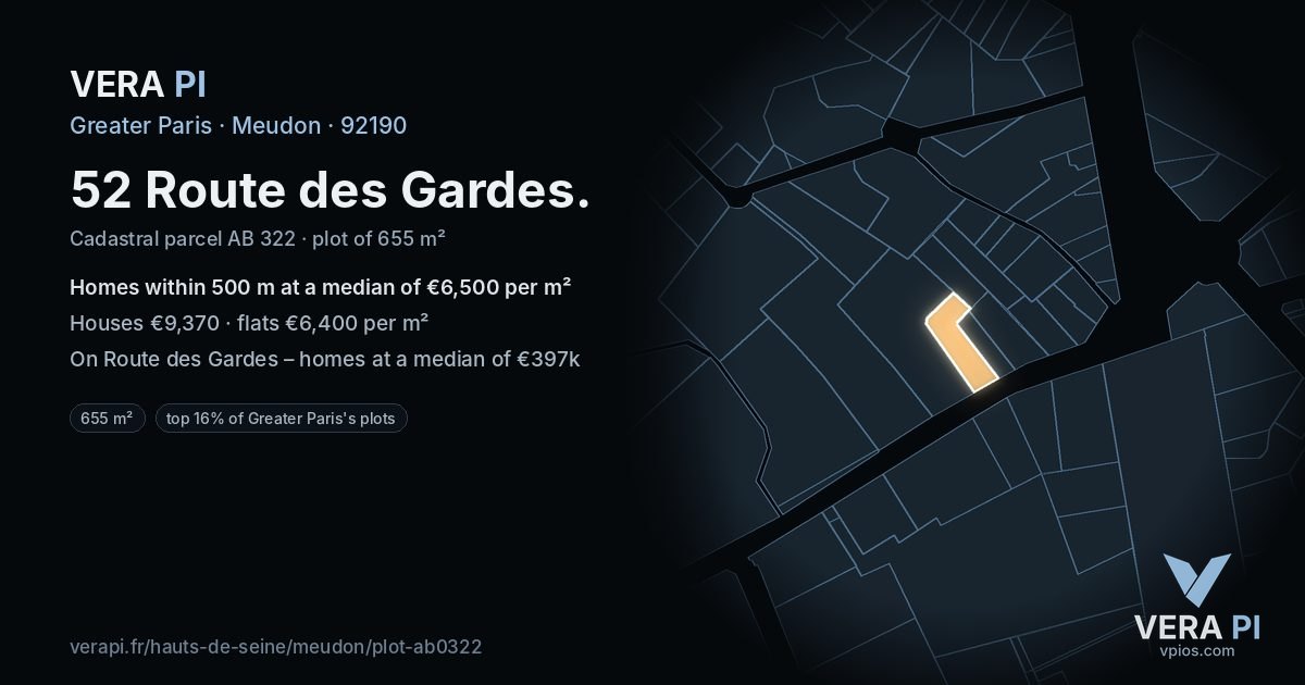 52 Route des Gardes, Meudon at night – the plot lit, the parcels around coloured by the prices near them