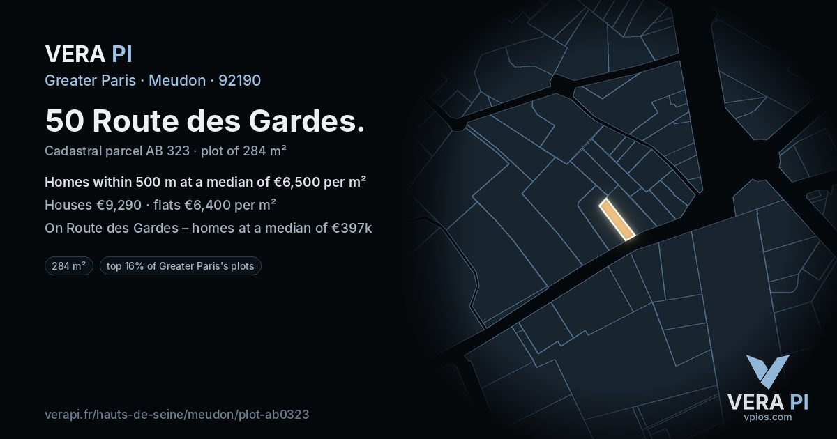 50 Route des Gardes, Meudon at night – the plot lit, the parcels around coloured by the prices near them