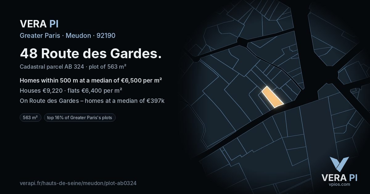 48 Route des Gardes, Meudon at night – the plot lit, the parcels around coloured by the prices near them