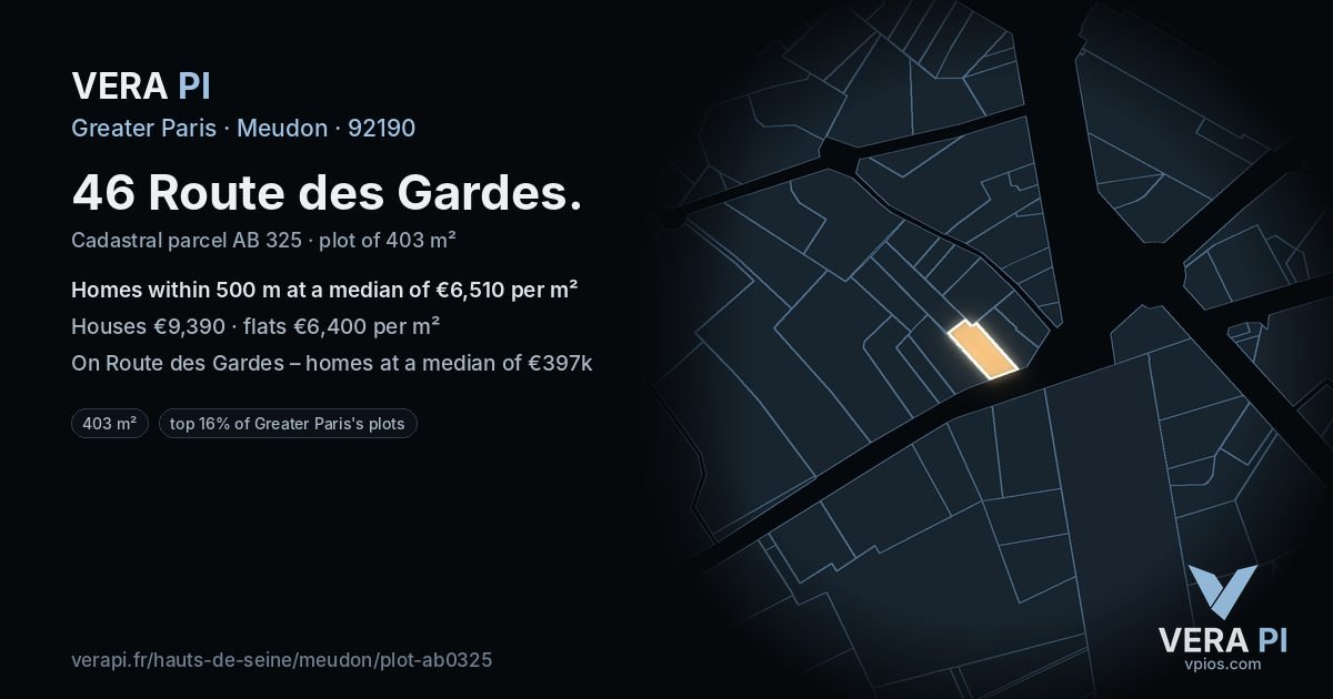 46 Route des Gardes, Meudon at night – the plot lit, the parcels around coloured by the prices near them