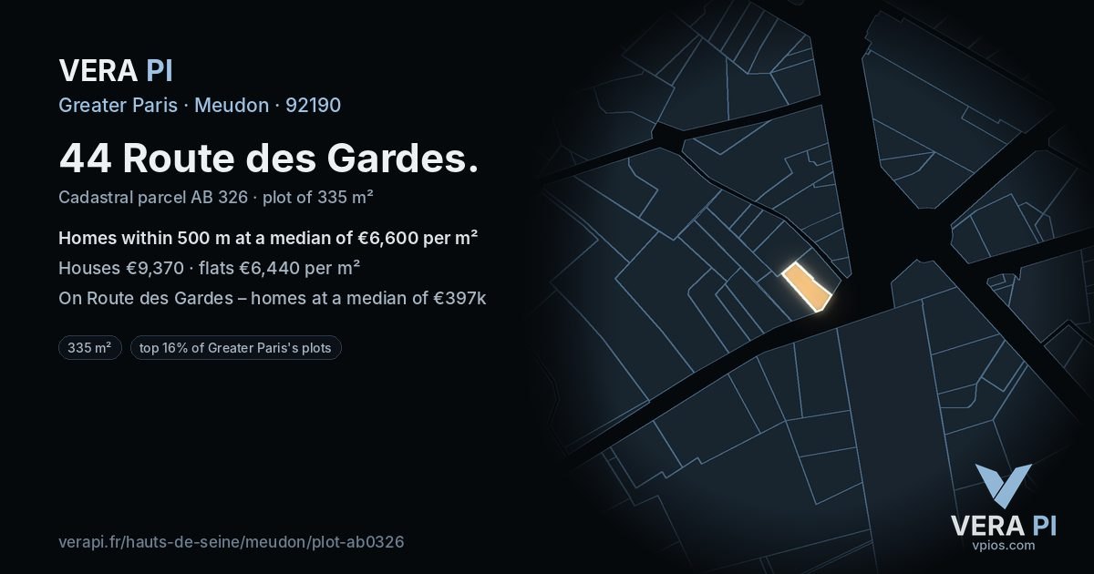 44 Route des Gardes, Meudon at night – the plot lit, the parcels around coloured by the prices near them