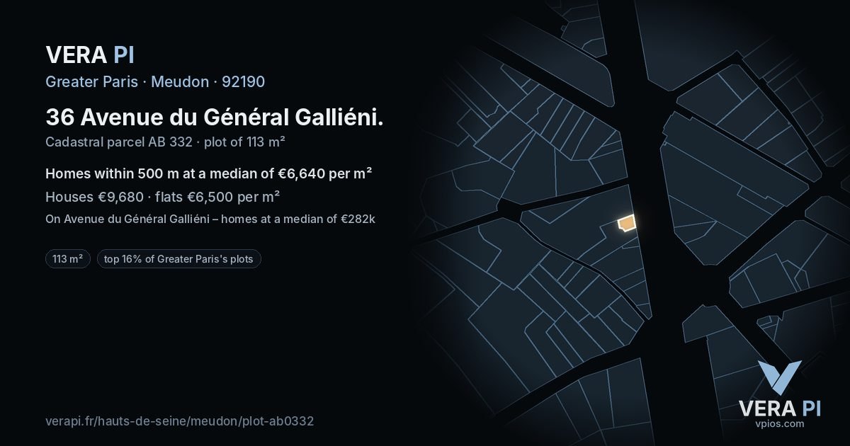 36 Avenue du Général Galliéni, Meudon at night – the plot lit, the parcels around coloured by the prices near them