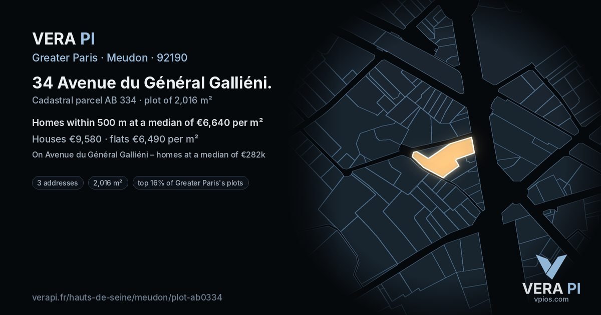 34 Avenue du Général Galliéni, Meudon at night – the plot lit, the parcels around coloured by the prices near them