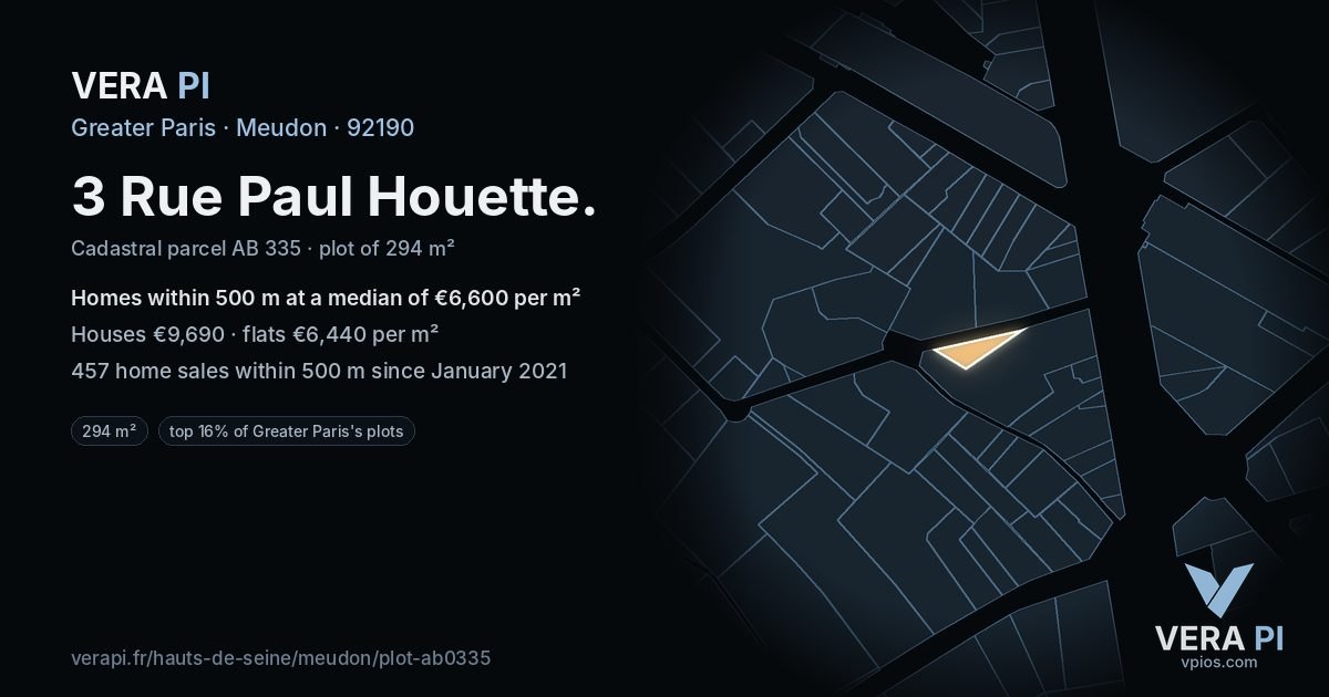 3 Rue Paul Houette, Meudon at night – the plot lit, the parcels around coloured by the prices near them
