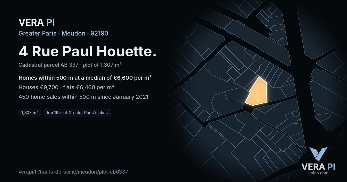 4 Rue Paul Houette, Meudon at night – the plot lit, the parcels around coloured by the prices near them