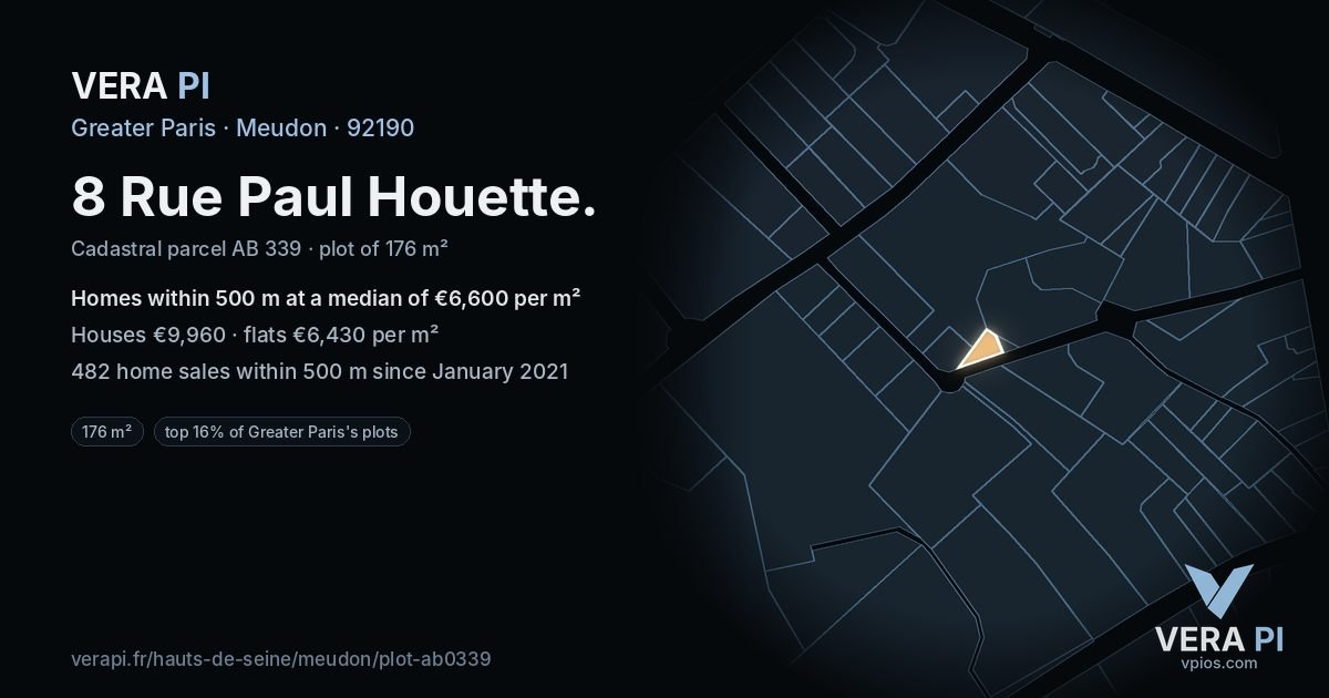 8 Rue Paul Houette, Meudon at night – the plot lit, the parcels around coloured by the prices near them