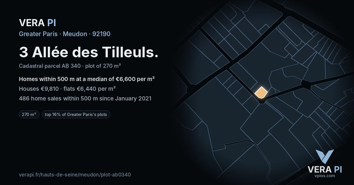 3 Allée des Tilleuls, Meudon at night – the plot lit, the parcels around coloured by the prices near them