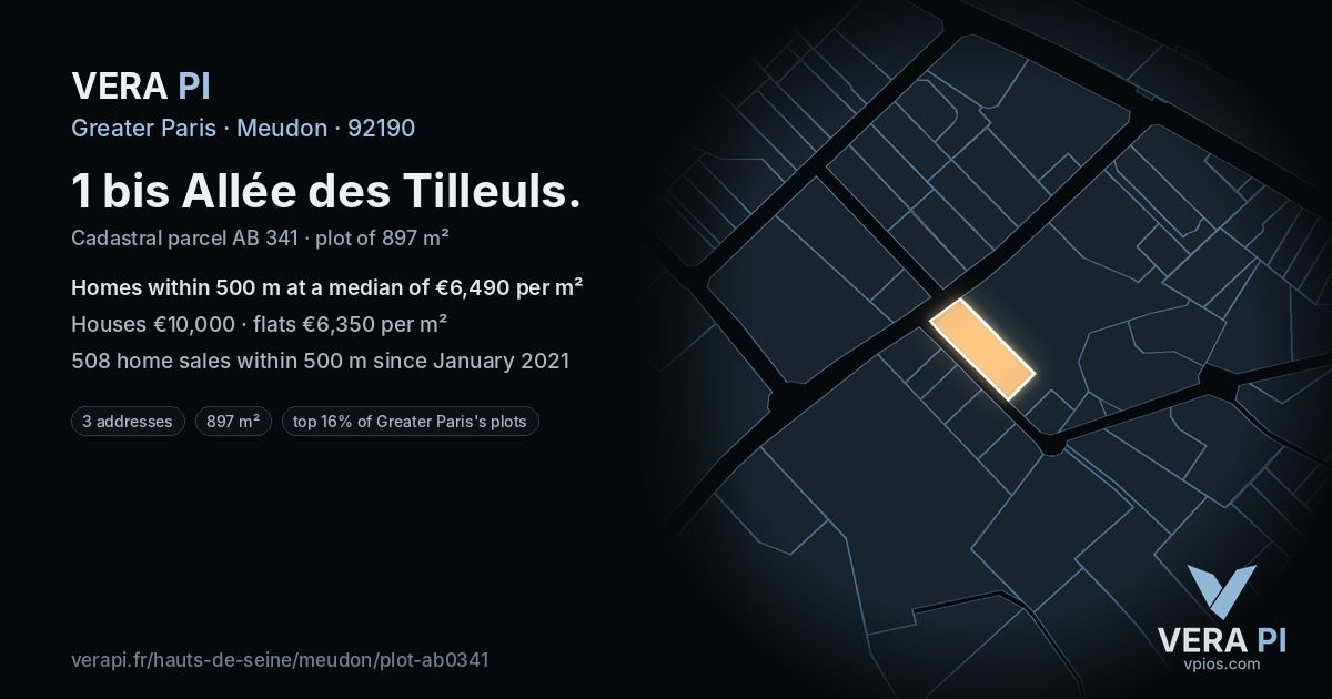 1 bis Allée des Tilleuls, Meudon at night – the plot lit, the parcels around coloured by the prices near them