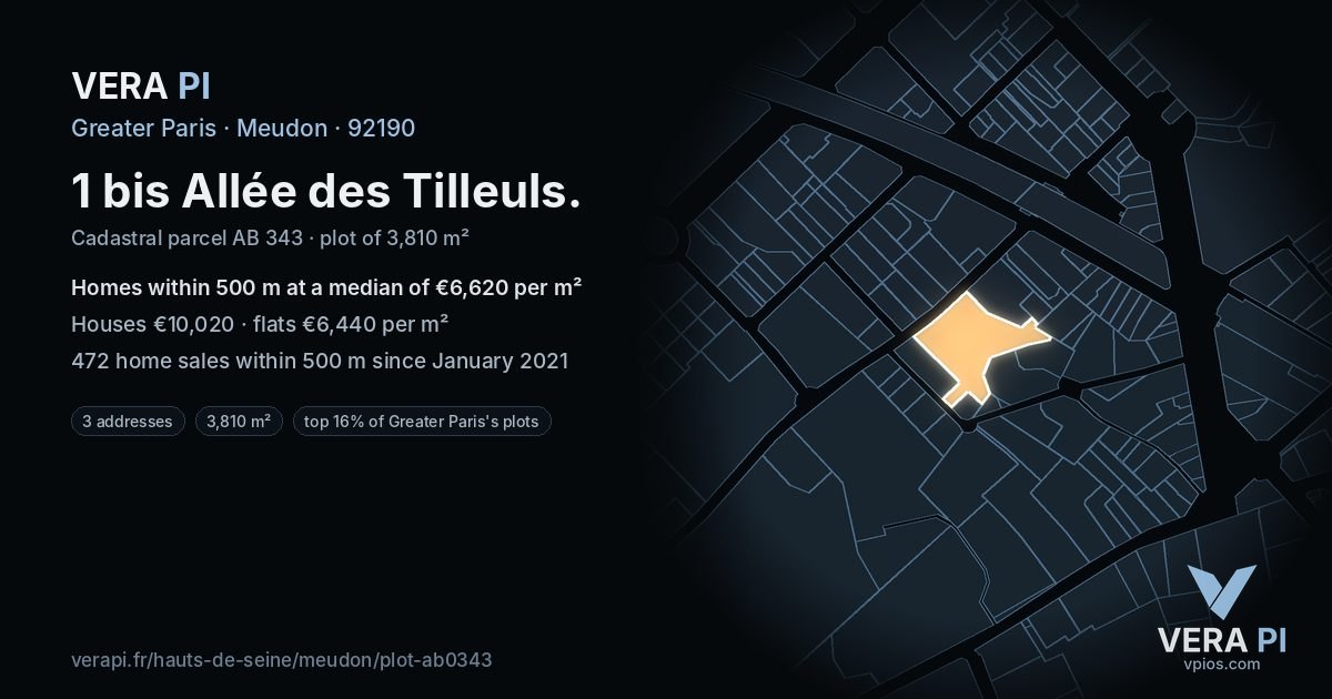 1 bis Allée des Tilleuls, Meudon at night – the plot lit, the parcels around coloured by the prices near them