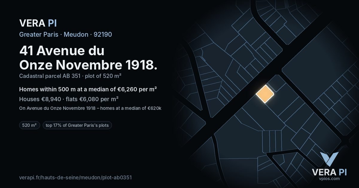 41 Avenue du Onze Novembre 1918, Meudon at night – the plot lit, the parcels around coloured by the prices near them