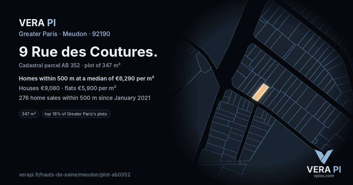 9 Rue des Coutures, Meudon at night – the plot lit, the parcels around coloured by the prices near them