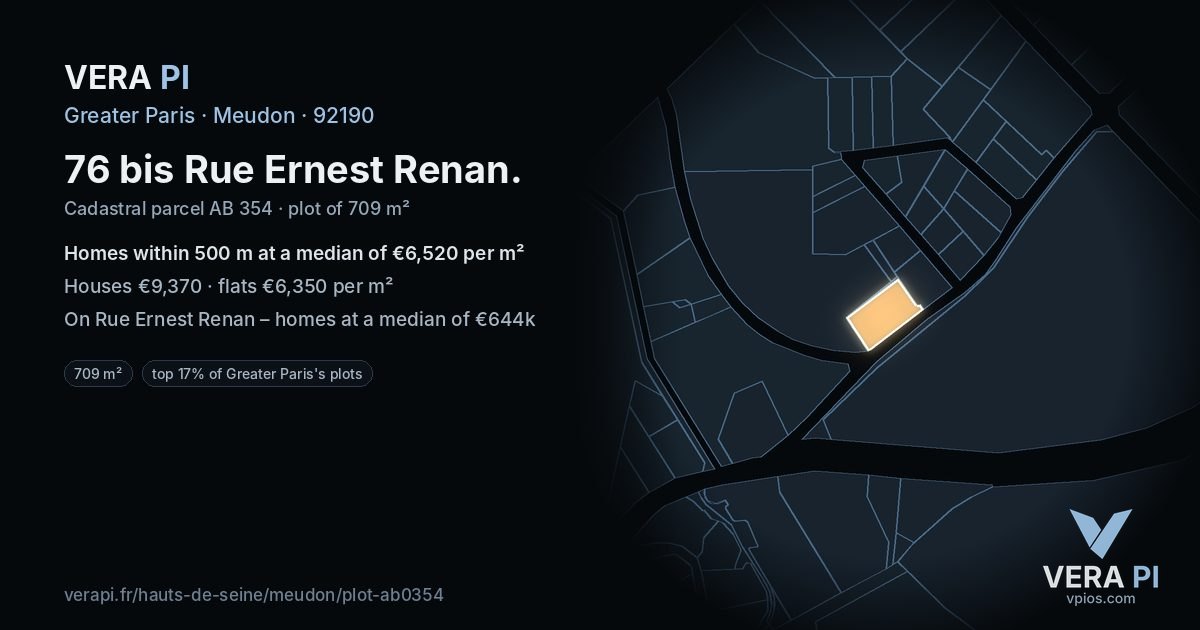 76 bis Rue Ernest Renan, Meudon at night – the plot lit, the parcels around coloured by the prices near them