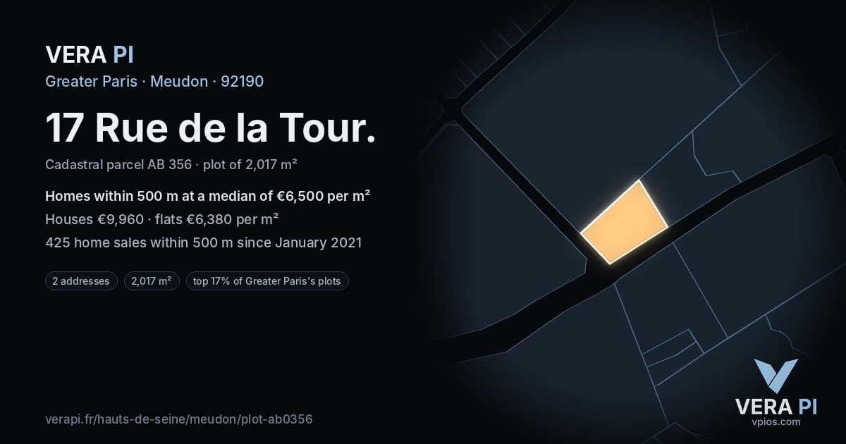 17 Rue de la Tour, Meudon at night – the plot lit, the parcels around coloured by the prices near them