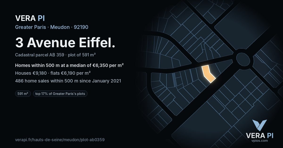3 Avenue Eiffel, Meudon at night – the plot lit, the parcels around coloured by the prices near them