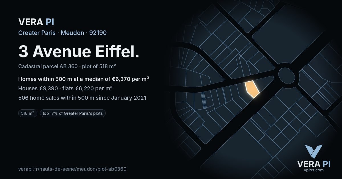 3 Avenue Eiffel, Meudon at night – the plot lit, the parcels around coloured by the prices near them