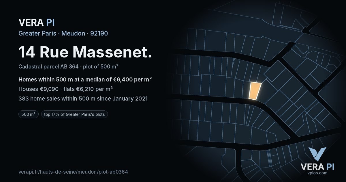 14 Rue Massenet, Meudon at night – the plot lit, the parcels around coloured by the prices near them