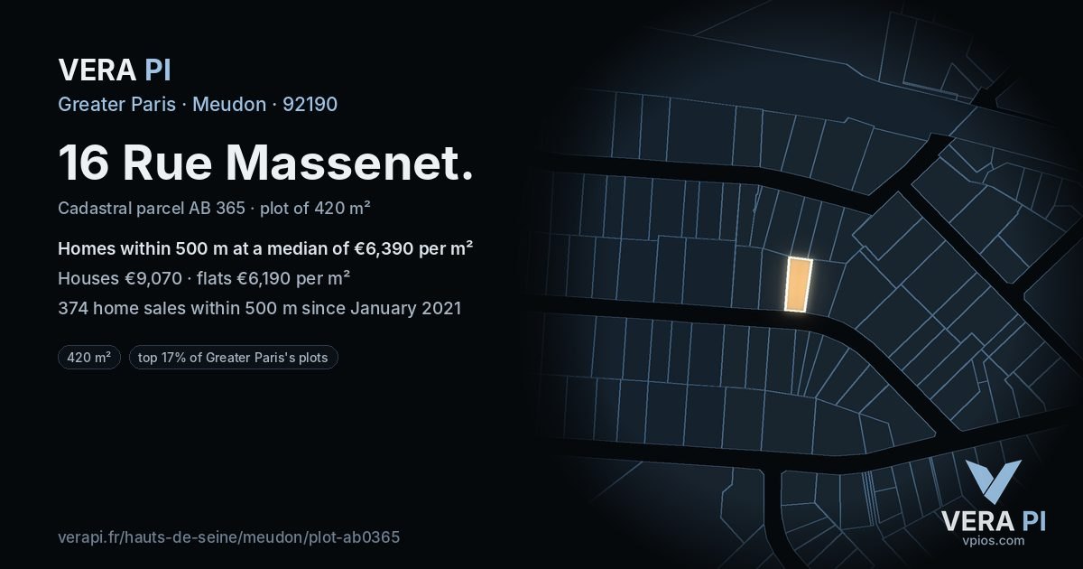 16 Rue Massenet, Meudon at night – the plot lit, the parcels around coloured by the prices near them