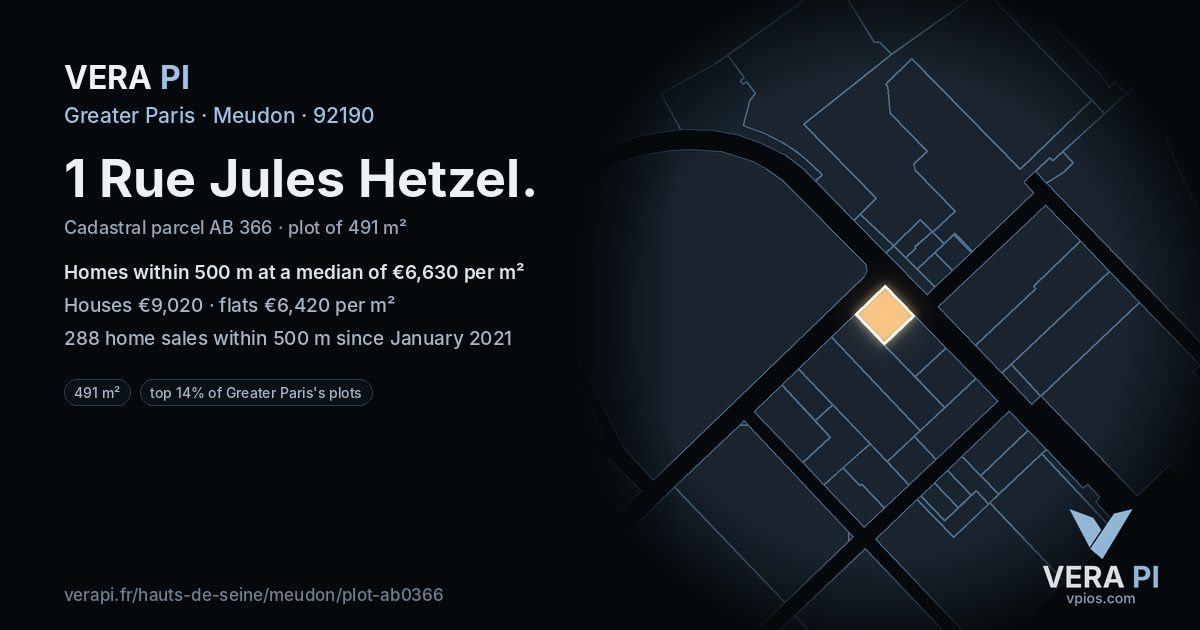 1 Rue Jules Hetzel, Meudon at night – the plot lit, the parcels around coloured by the prices near them