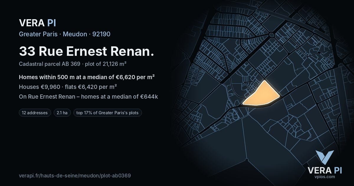 33 Rue Ernest Renan, Meudon at night – the plot lit, the parcels around coloured by the prices near them