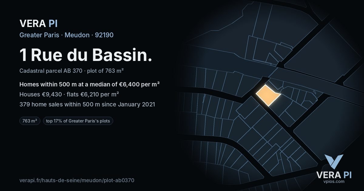 1 Rue du Bassin, Meudon at night – the plot lit, the parcels around coloured by the prices near them