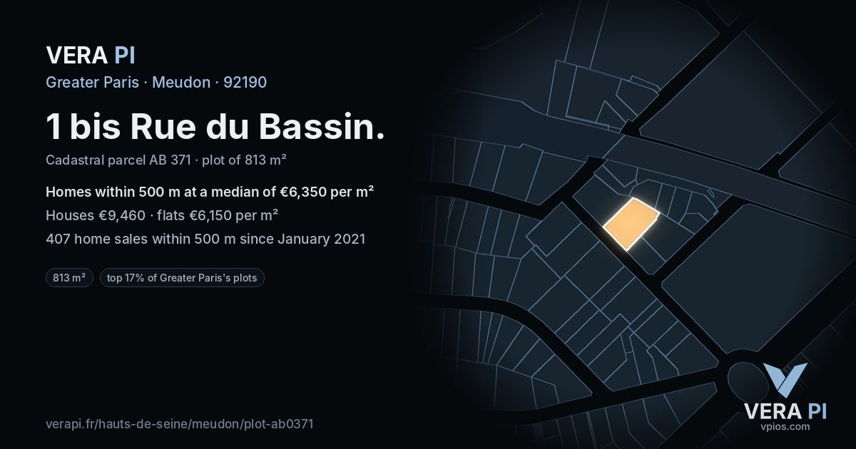 1 bis Rue du Bassin, Meudon at night – the plot lit, the parcels around coloured by the prices near them