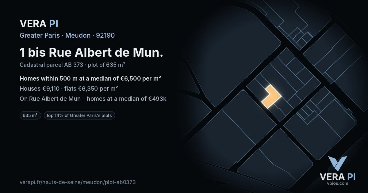 1 bis Rue Albert de Mun, Meudon at night – the plot lit, the parcels around coloured by the prices near them