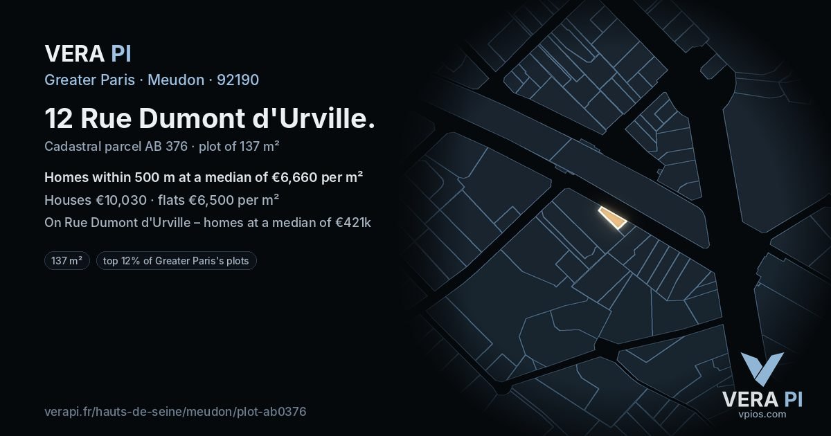 12 Rue Dumont d'Urville, Meudon at night – the plot lit, the parcels around coloured by the prices near them