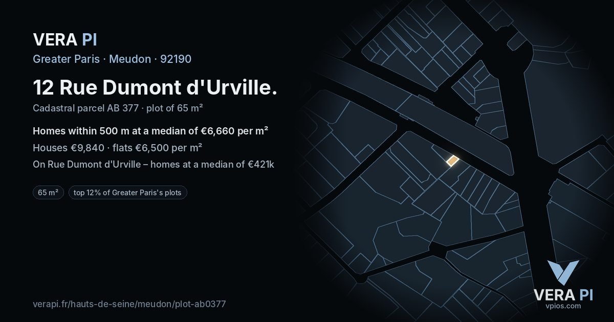 12 Rue Dumont d'Urville, Meudon at night – the plot lit, the parcels around coloured by the prices near them